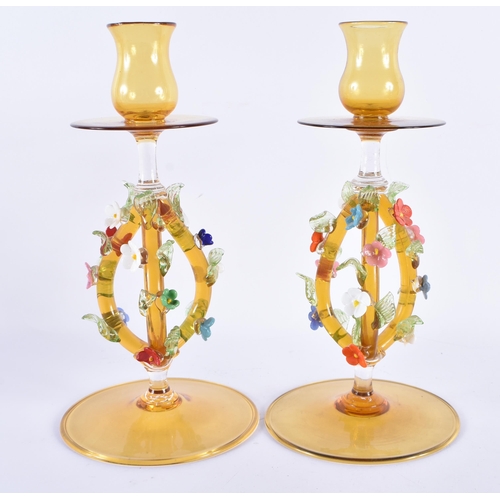 177 - A PAIR OF ITALIAN MURANO GLASS SMOKEY AMBER VASES. 25 cm high.