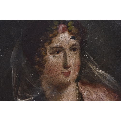 179 - AN EARLY 19TH CENTURY PAPIER MACHE SNUFF BOX AND COVER painted with a veiled female. 10 cm diameter.