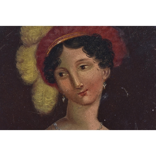 180 - AN EARLY 19TH CENTURY PAPIER MACHE SNUFF BOX AND COVER painted with a female wearing a red hat. 9 cm... 