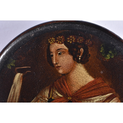 181 - AN EARLY 19TH CENTURY PAPIER MACHE SNUFF BOX AND COVER painted with a female wearing a floral head d... 