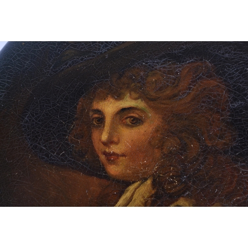 185 - AN EARLY 19TH CENTURY PAPIER MACHE SNUFF BOX AND COVER painted with a figure wearing a hat. 10.25 cm... 