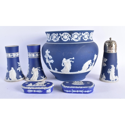 186 - A COLLECTION OF ANTIQUE BLUE JASPERWARE. Largest 21 cm x 18 cm. (6)