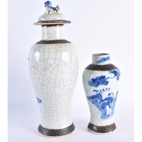 189 - TWO 19TH CENTURY CHINESE CRACKLE GLAZED BLUE AND WHITE VASES Qing. Largest 30 cm high. (2)