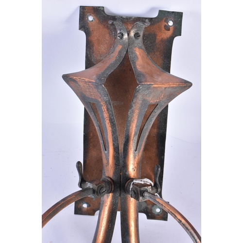 190 - A PAIR OF ARTS AND CRAFTS COPPER WALL SCONCES. 30 cm x 25 cm.