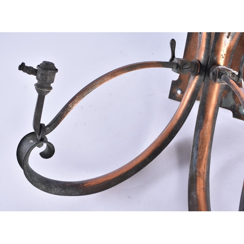 190 - A PAIR OF ARTS AND CRAFTS COPPER WALL SCONCES. 30 cm x 25 cm.