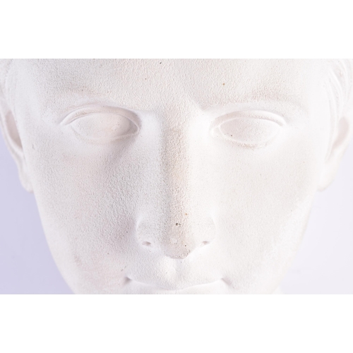 193 - A LARGE COUNTRY HOUSE PLASTER BUST OF JULIUS CAESAR upon a marble plinth. 55 cm x 25 cm.