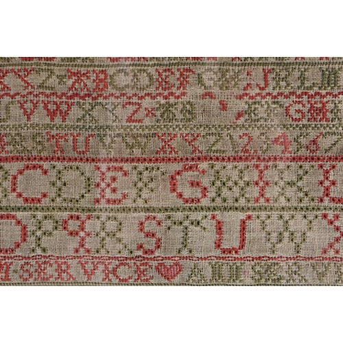 195 - A FRAMED ANTIQUE EMBROIDERED SAMPLER decorated with rabbits , birds and a house. 48 cm x 30 cm.