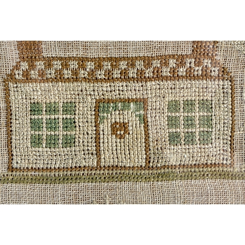 195 - A FRAMED ANTIQUE EMBROIDERED SAMPLER decorated with rabbits , birds and a house. 48 cm x 30 cm.