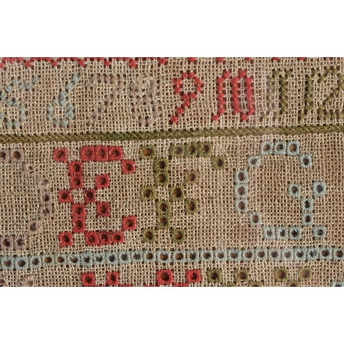 196 - A FRAMED ANTIQUE EMBROIDERED SAMPLER decorated with letters from the alphabet. 48 cm x 32 cm.