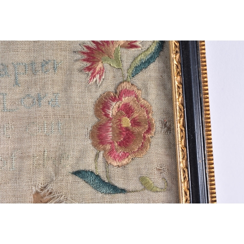 197 - A FRAMED ANTIQUE EMBROIDERED SAMPLER C1732. 32 cm x 24 cm.