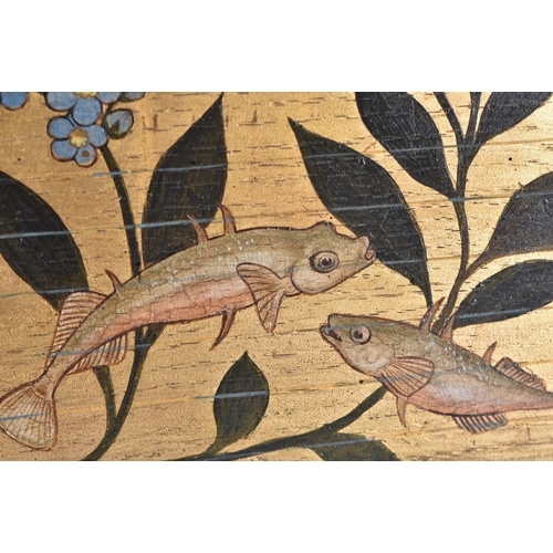 198 - AN ARTS AND CRAFTS AESTHETIC MOVEMENT PAINTED WOOD PANEL. 50 cm x 18 cm.