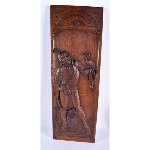 201 - A PAIR OF 19TH CENTURY ARTS AND CRAFTS CARVED WOOD PANELS decorated with a falconer and jester. 52 c... 