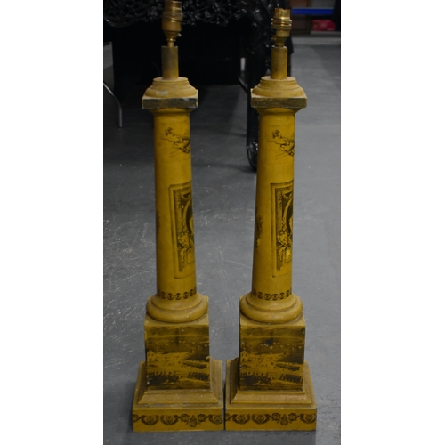 207 - A LARGE PAIR OF TOLEWARE COUNTRY HOUSE LAMPS. 72 cm high.