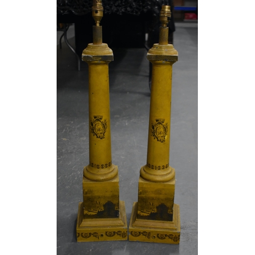 207 - A LARGE PAIR OF TOLEWARE COUNTRY HOUSE LAMPS. 72 cm high.