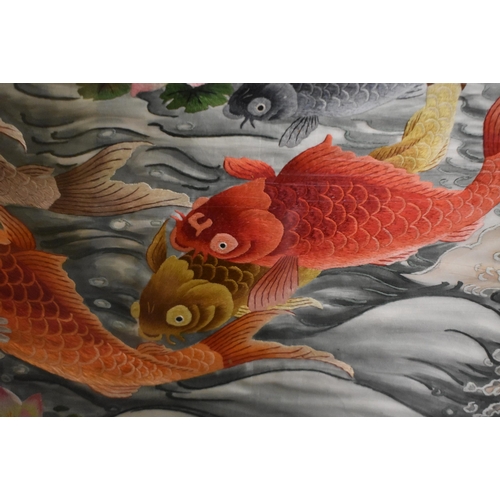 208 - A LARGE EARLY 20TH CENTURY CHINESE SILK EMBROIDERED CARP PANEL Late Qing/Republic.  150 x 71 cm.