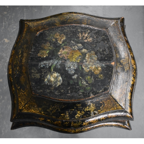 209 - A CHARMING VICTORIAN PAPIER MACHE LACQUERED COUNTRY HOUSE WOOD BOX painted with flowers.  76 x 41 x ... 