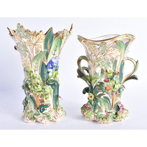 211 - TWO EARLY 19TH CENTURY COALPORT PORCELAIN ENCRUSTED VASES of naturalistic form. 18 cm high. (2)