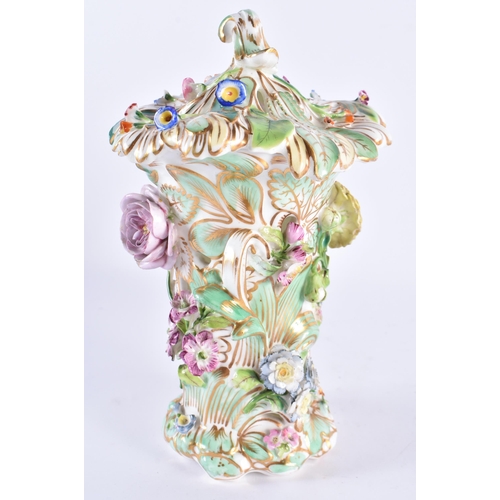 212 - AN EARLY 19TH CENTURY ENGLISH PORCELAIN ENCRUSTED VASE AND COVER possibly Coalport. 21 cm high.