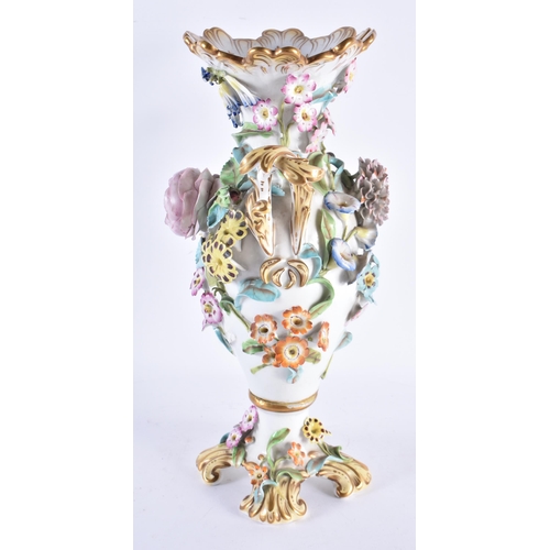 217 - AN EARLY 19TH CENTURY ENGLISH PORCELAIN TWIN HANDLED ENCRUSTED VASE. 34 cm x 18 cm.