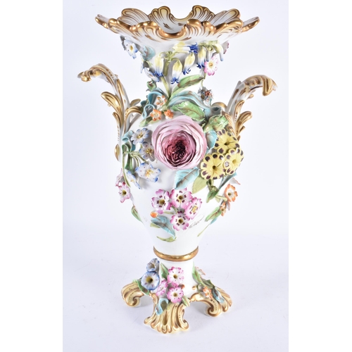 217 - AN EARLY 19TH CENTURY ENGLISH PORCELAIN TWIN HANDLED ENCRUSTED VASE. 34 cm x 18 cm.