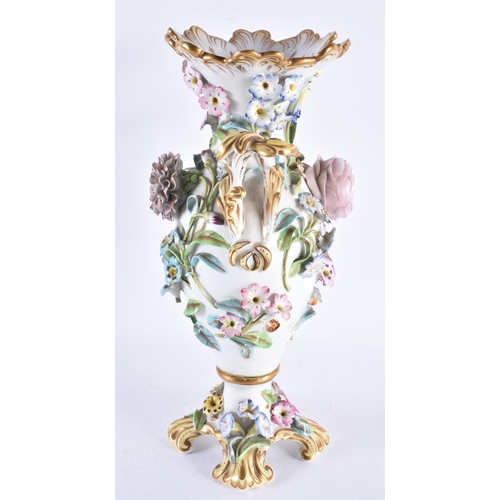 217 - AN EARLY 19TH CENTURY ENGLISH PORCELAIN TWIN HANDLED ENCRUSTED VASE. 34 cm x 18 cm.