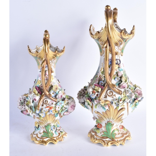 218 - TWO EARLY 19TH CENTURY ENGLISH PORCELAIN TWIN HANDLED VASES possibly Coalport, painted with birds. L... 