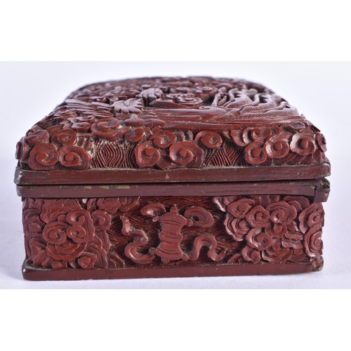 226 - A 19TH CENTURY CHINESE CARVED CINNABAR LACQUER DRAGON BOX Qing. 13 cm x 9 cm.