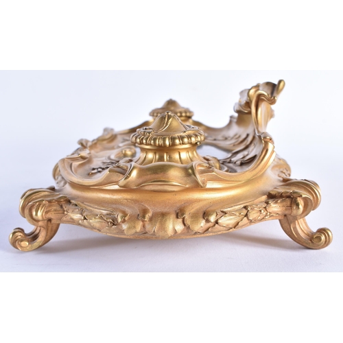 230 - A FINE EARLY 19TH CENTURY FRENCH ORMOLU AND MARBLE DESK STAND of scrolling rococo form. 28 cm x 18 c... 