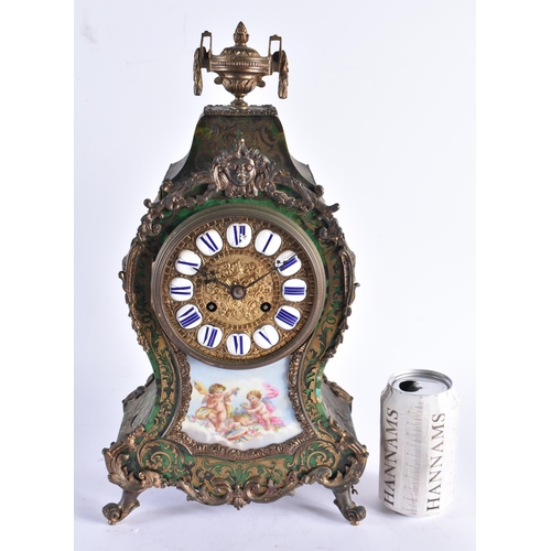 235 - A LARGE 19TH CENTURY FRENCH GREEN TORTOISESHELL AND PORCELAIN MANTEL CLOCK painted with putti, mount... 