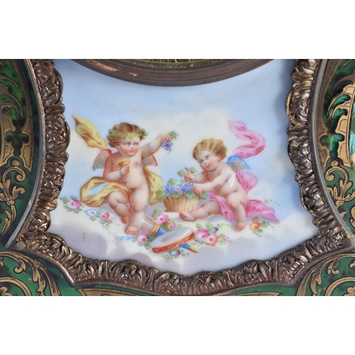 235 - A LARGE 19TH CENTURY FRENCH GREEN TORTOISESHELL AND PORCELAIN MANTEL CLOCK painted with putti, mount... 