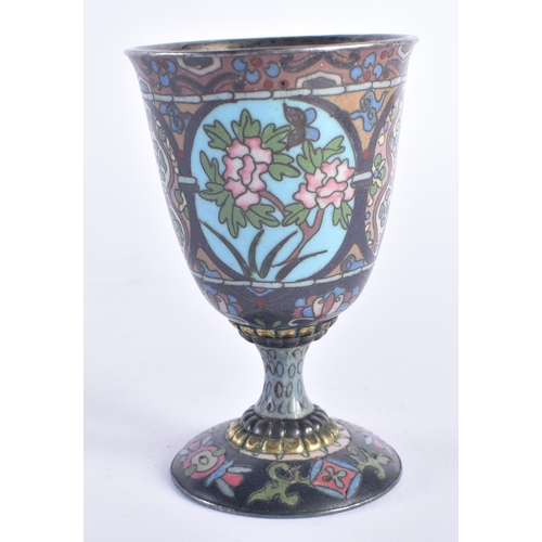 243 - A 19TH CENTURY JAPANESE MEIJI PERIOD SILVER LINED CLOISONNE ENAMEL CUP decorated with flowers and mo... 