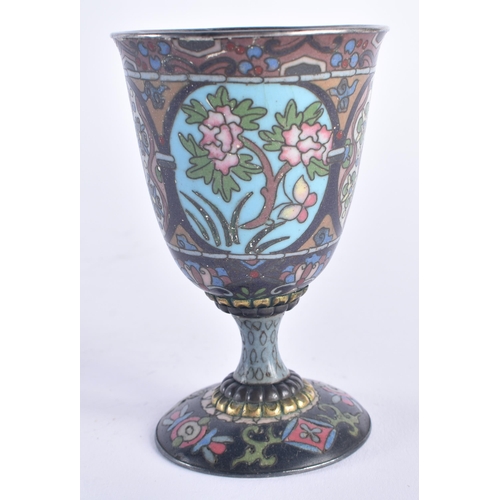 243 - A 19TH CENTURY JAPANESE MEIJI PERIOD SILVER LINED CLOISONNE ENAMEL CUP decorated with flowers and mo... 