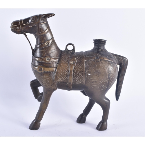 248 - AN 18TH CENTURY INDIAN BRONZE FIGURE OF A HORSE engraved with foliage and motifs. 20 cm x 18 cm.