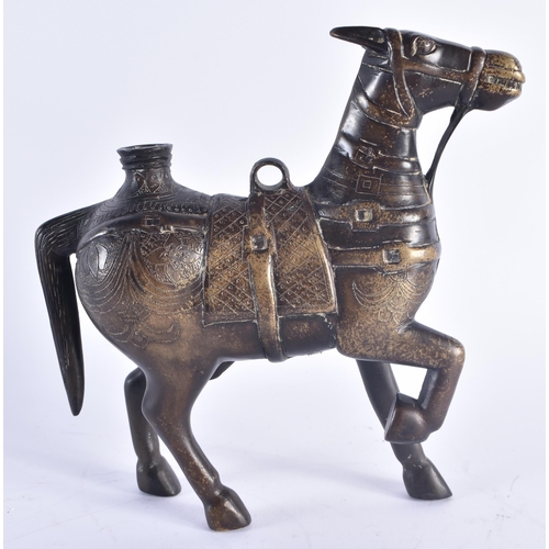 248 - AN 18TH CENTURY INDIAN BRONZE FIGURE OF A HORSE engraved with foliage and motifs. 20 cm x 18 cm.