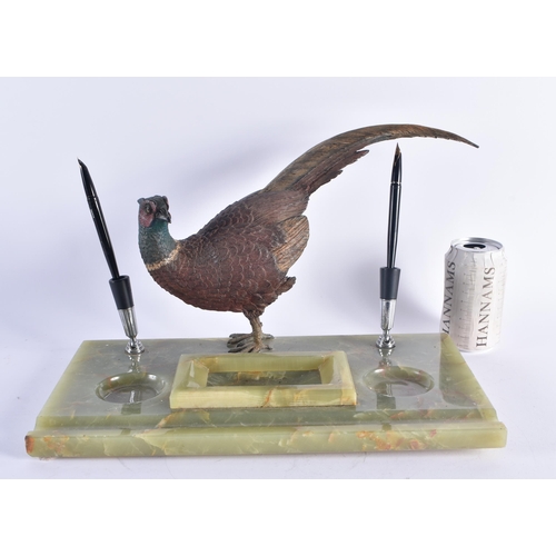 260 - A LARGE ANTIQUE AUSTRIAN COLD PAINTED BRONZE PHEASANT DESK STAND modelled beside two pen holders. 27... 