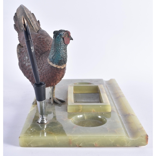 260 - A LARGE ANTIQUE AUSTRIAN COLD PAINTED BRONZE PHEASANT DESK STAND modelled beside two pen holders. 27... 