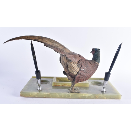 260 - A LARGE ANTIQUE AUSTRIAN COLD PAINTED BRONZE PHEASANT DESK STAND modelled beside two pen holders. 27... 