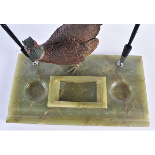 260 - A LARGE ANTIQUE AUSTRIAN COLD PAINTED BRONZE PHEASANT DESK STAND modelled beside two pen holders. 27... 