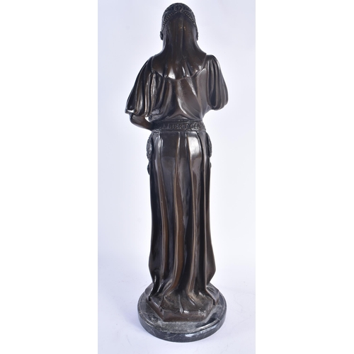 262 - A LARGE ART DECO FRENCH BRONZE FIGURE OF A STANDING FEMALE modelled in flowing robes. 61 cm high.