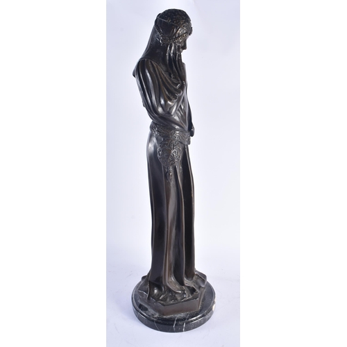 262 - A LARGE ART DECO FRENCH BRONZE FIGURE OF A STANDING FEMALE modelled in flowing robes. 61 cm high.