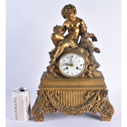 264 - A LARGE 19TH CENTURY FRENCH BRONZE MANTEL CLOCK formed with a semi clad boy attending to his cat. 42... 