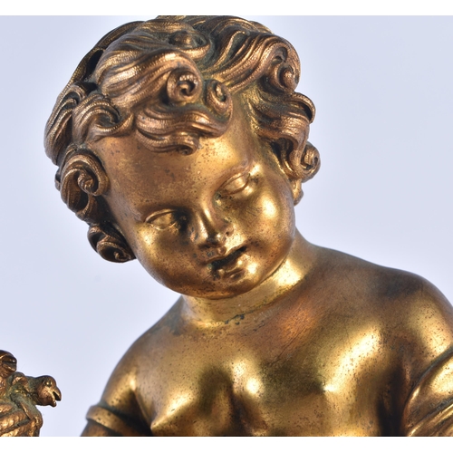 264 - A LARGE 19TH CENTURY FRENCH BRONZE MANTEL CLOCK formed with a semi clad boy attending to his cat. 42... 