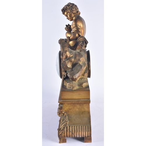 264 - A LARGE 19TH CENTURY FRENCH BRONZE MANTEL CLOCK formed with a semi clad boy attending to his cat. 42... 