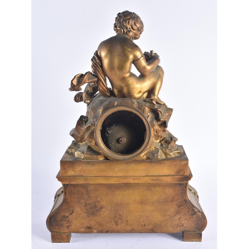 264 - A LARGE 19TH CENTURY FRENCH BRONZE MANTEL CLOCK formed with a semi clad boy attending to his cat. 42... 