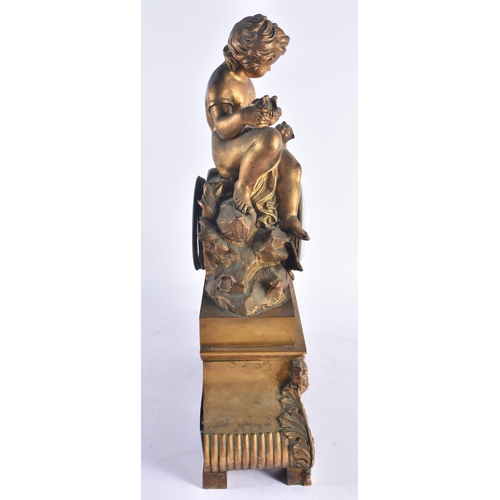 264 - A LARGE 19TH CENTURY FRENCH BRONZE MANTEL CLOCK formed with a semi clad boy attending to his cat. 42... 