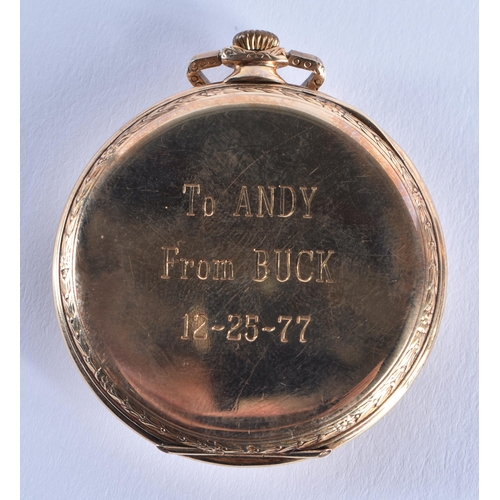 267 - Vintage 14ct Gold pocket watch, Xmas present to Andy Wickham from Buck 12-25-77. 4.5cm diameter