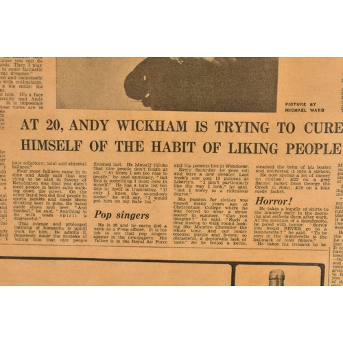 282 - Vintage framed Evening Standard editorial on Andrew Wickham aged 20 , December 1964. 45.5 x 35.5 cm