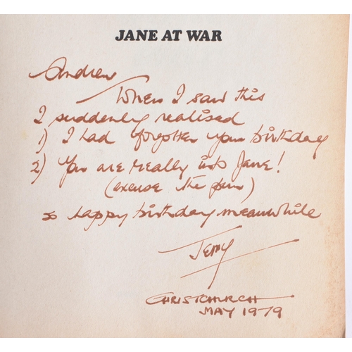 289 - Jane at war  Wolfe 1976 edition, dedicated to Andy in 1979 from Jenny?. 27.5 x 20.5 cm