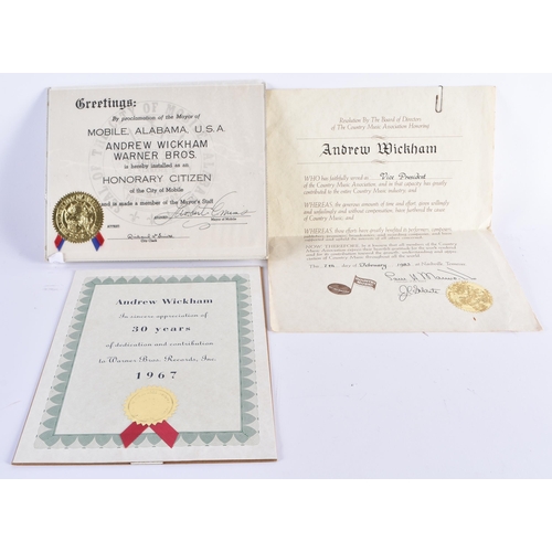 291 - Three country music related award certificates to Andrew Wickham, one from Country Music association... 