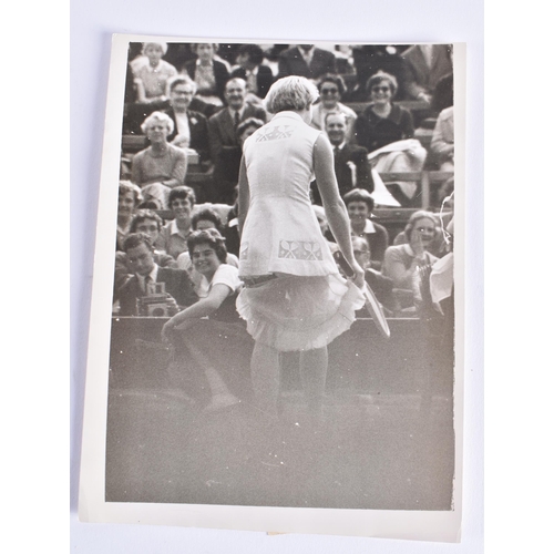 292 - Tennis interest, original 1958 black and white images at Wimbledon of Shirley Bloomer losing her ski... 